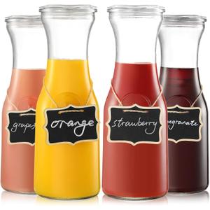 NETANY Set of 4 Glass Carafe with Lid, 1 Liter Beverage Serveware Carafe, Clear Glass Pitcher for Mimosa Bar, Brunch, Cold Water, Juice, Milk, Iced Tea, Lemonade