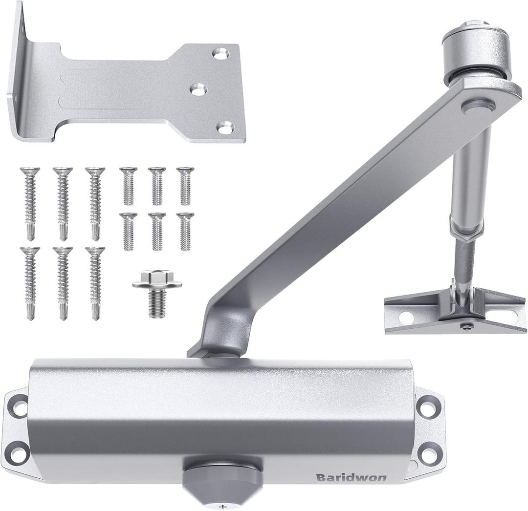 Commercial Grade Hydraulic Door Closer Large Size, Heavy Duty No Slam with Hold Open, Silver