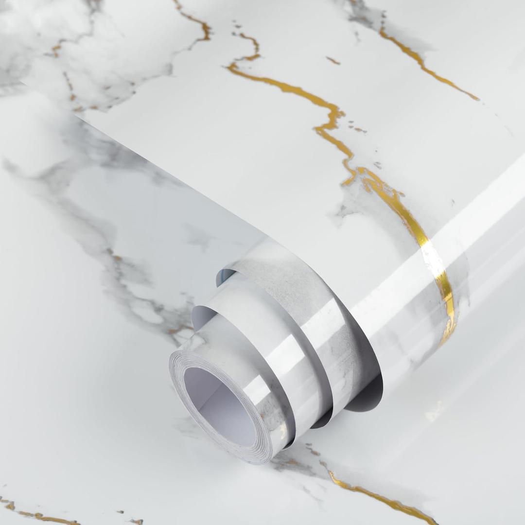 practicalWs Glossy Marble Wallpaper Peel and Stick White/Gold Granite Contact Paper Removable Wall Paper for Kitchen Countertop Cabinet Furniture 23.6" x 118"