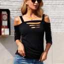 Bellelily Womens Sexy Tops Cut Out Cold Shoulder Half Sleeve Shirts Square Neck Hollow Out Ruched Concert Rock Tee Blouse (Black, XXL)