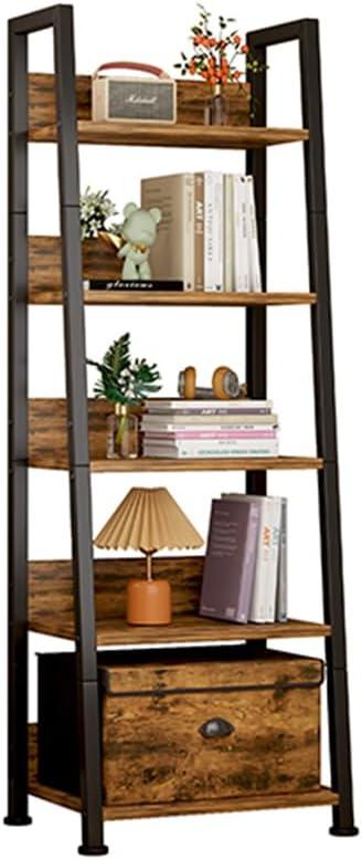 Bookshelf, 55 Inch 5-Tier Ladder Shelf Bookcase with Free Storage Box, Rustic Brown Wooden Storage Shelf for Living Room, Bedroom, Kitchen, Narrow Space-Saving Design