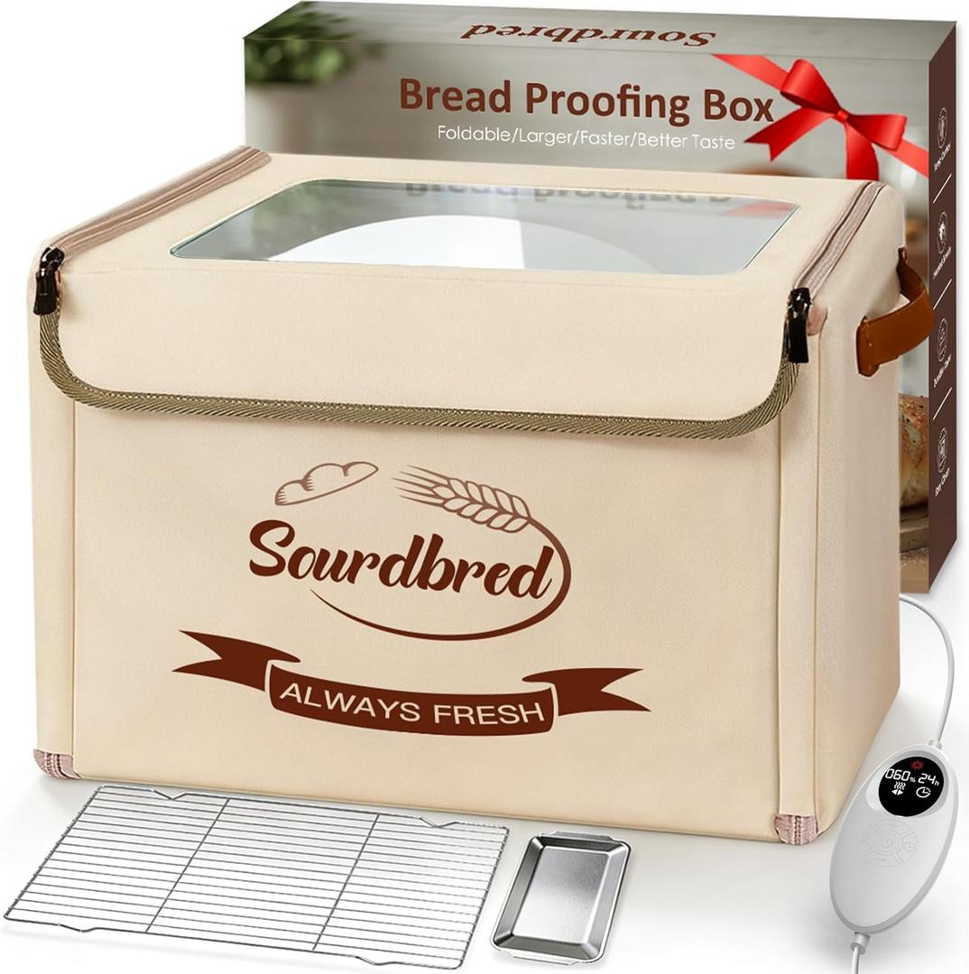 Extra Large Folding Bread Proofing Box, Dough Proofer 68-104F Temp Control 1-48H Timer, Sourdough Starter Warmer with Metal Rack, Foldable Proofing Basket for Baking Pizza Yogurt Soften Butter Choc (Beige)