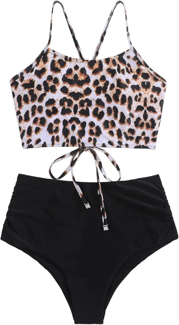 ZAFUL Women High Waisted Bikini Set Two Piece Tummy Control Wrap Swimsuit Lace Up Bathing Suit (Medium, 1-leopard)