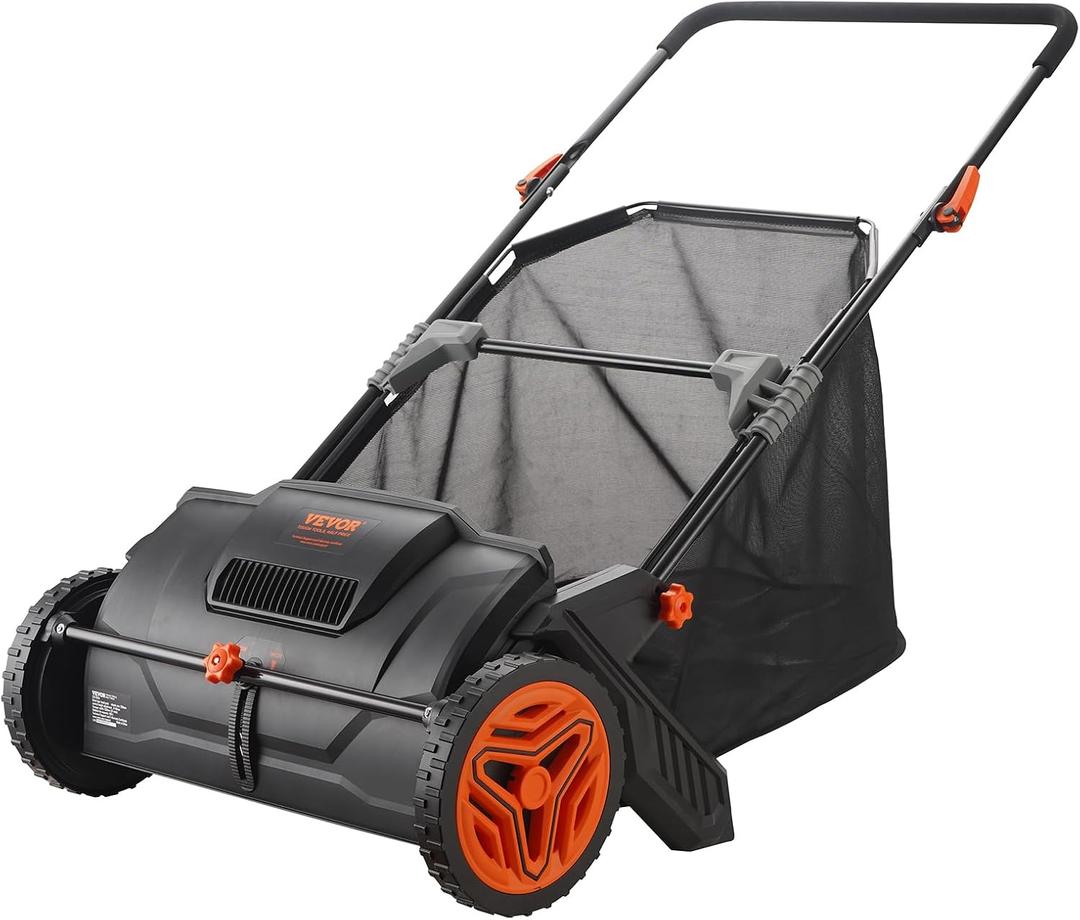 VEVOR Push Lawn Sweeper, 21inch Leaf & Grass Collector, Heavy Duty Thickened Steel Durable to Use with Large Capacity 3.5 cu. ft. Mesh Collection Hopper Bag, 2 Spinning Brushes