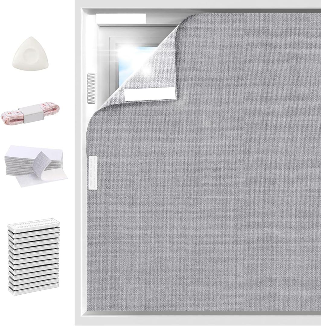100% Blackout Linen Curtains for Bedroom 59x118Inch, Temporary No Drill Cuttable Magnetic Black Out Window Cover, Removable Window Shades and Blackout Blinds for Bedroom, Nursery, RV