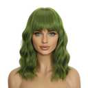 Green Wigs with Bangs for Women 14 Inch Short Wavy Bob Wigs With Bangs Synthetic Bob Wig Curly Wig Heat Resistant Colorful Wavy Wig Cosplay Wigs For Daily Party Halloween