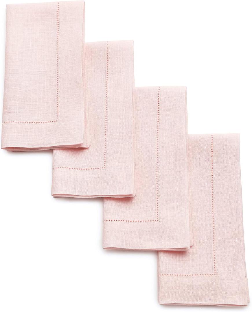 Solino Home Pink Linen Napkins Set of 4-100% Pure Linen Hemstitch Dinner Napkins 20 x 20 Inch for Christmas - Classic Hemstitch