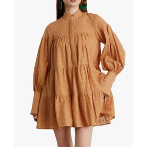 Summer Cotton V Neck Long Losse Sleeve Casual Party A-Line Dresses Embroidery Short Dress L