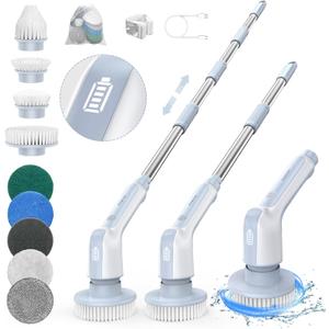 Electric Spin Scrubber, 2024 Upgraded IPX8 Cordless Cleaning Brush with 9 Replaceable Brush Heads, Detachable as Short Handle, Shower Cleaning Scrubber for Bathroom Tub (Gray)