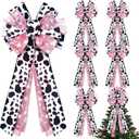 6 Packs Extra Large Christmas Glitter Bows 10 x 26 Inch Cow Print Wired Bow Christmas Xmas Bow for Wreath Tree Topper Bow for Cow Theme Party Christmas Indoor Outdoor Decor