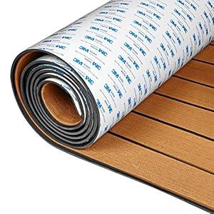 OCEANBROAD Self-Adhesive 96''x36'' 2 Rolls Boat Flooring with 3M Adhesive Backing EVA Foam Boat Decking Faux Teak Marine Non-Slip Sheet for Jon Boats Yacht Helm Pad Floor, Brown with Black Seam Lines