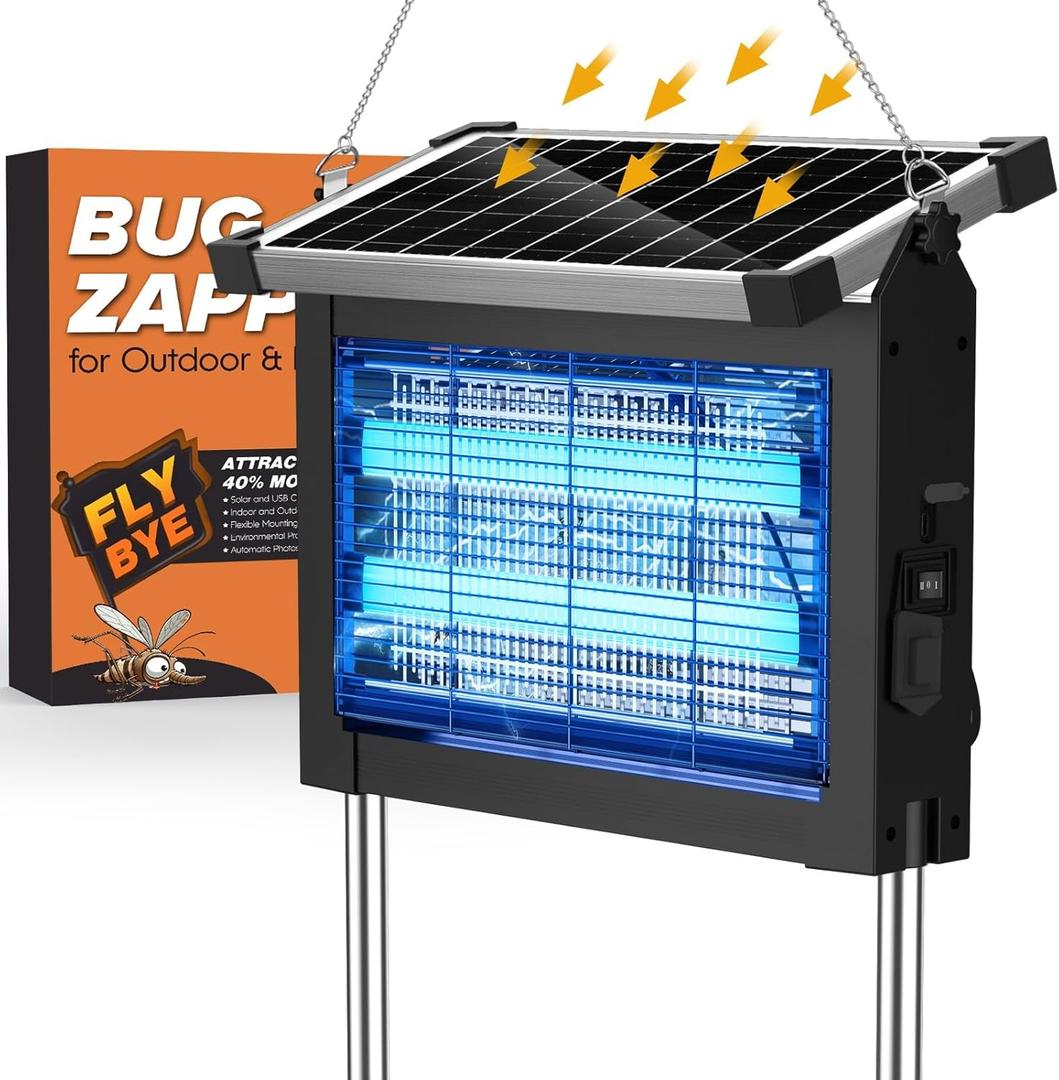 Solar Bug Zapper Outdoor, Jinyeda 4500V Rechargeable Mosquito Zapper 4000mAh Battery, Detachable Solar Panel, Mosquito Killer Indoor, Cordless Fly Insect Zapper Waterproof for Patio Garden Camping