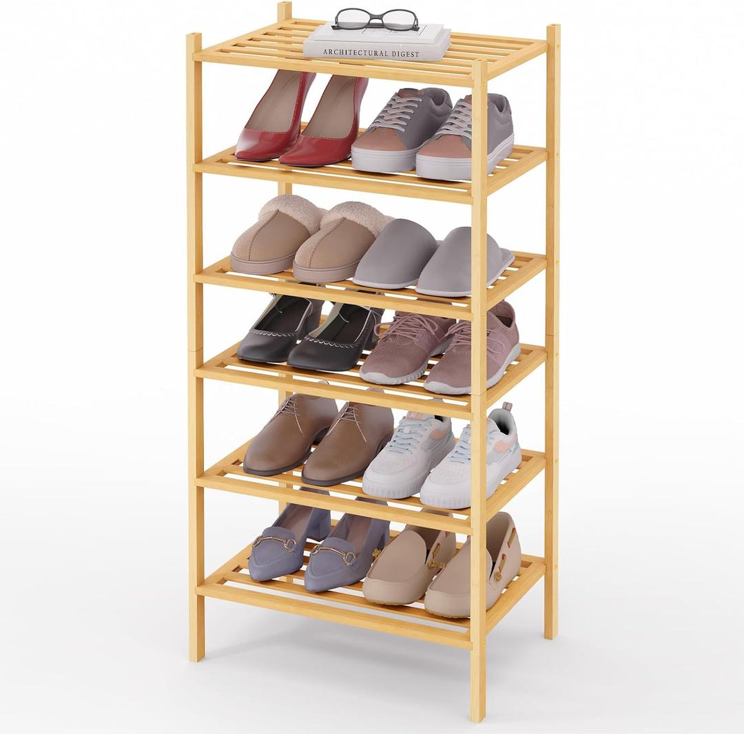 Smiry Small Bamboo Shoe Rack 6-Tier, Stackable Wooden Shoe Organizer for Entryway & Closet, Free Standing Wood Shoe Storage Shelf for Front Door & Small Spaces, Natural