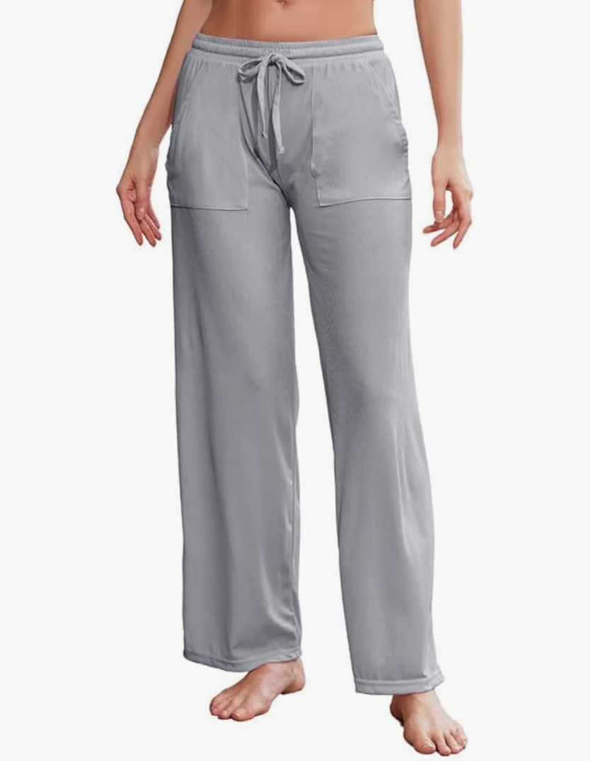 LYCY Women Soft Pajama Long Pants, Comfy Wide Leg Lounge Pants With Pockets Stretch knit Pajama Bottoms Grey Large
