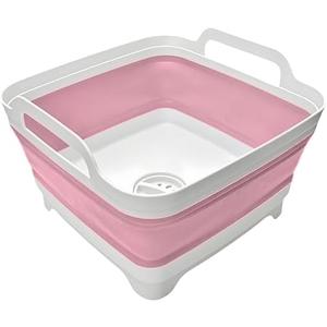Collapsible Wash Basin 9L, Foldable Dish Tub with Drain Plug, Portable Collapsible Dish Basin, Camping Sink for Washing Dishes, Laundry & Kitchen Use (Pink)
