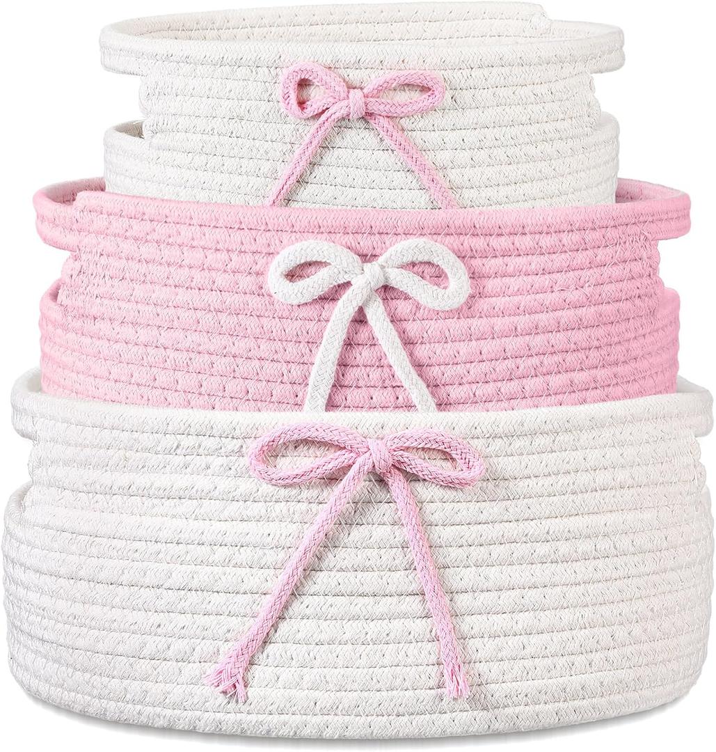 Breling 3 Pieces Pink Bow Baskets Coquette Bow Cotton Rope Storage Basket Pink Woven Gift Baskets Laundry Hamper Rope Bin with Handles for Decoration Organization Storage for Nursery, Pet Toy Basket