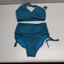 Blooming Jelly Women High Waisted Bikini Sets Tummy Control Swimsuits Modest Mesh Metal Crisscross Back Bathing Suit (Small, Blue Green)