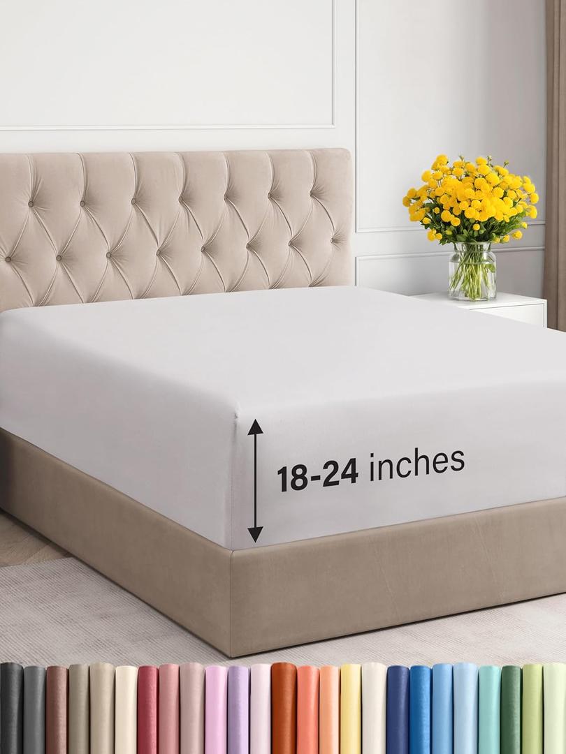 Extra Deep Twin XL Fitted Sheet - Hotel Luxury Single Fitted Sheet Only - Easily Fits 18 inch to 24 inch Mattress - Ultra Soft, Wrinkle Free with Extra Deep Pockets - Breathable & Comfy - French Grey