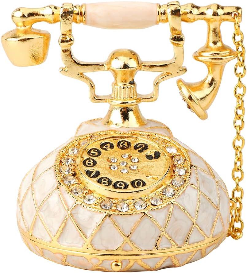 QIFU Hand Painted Small White Telephone Style Enameled Trinket Box Hinged, Unique Gift for Family