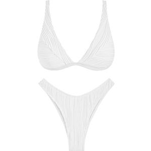 ZAFUL Bikini Sets for Women Triangle Textured Plunging High Cut Cheeky Bikini Swimsuits Two Piece Bathing Suits (White, S)