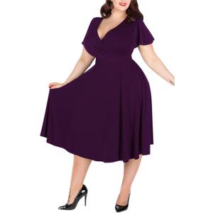 Nemidor Plus Size Dresses for Curvy Women Casual Summer V Neck Short Sleeve Midi Cocktail Vintage Dress with Pocket (133+dark Purple), Size 24 