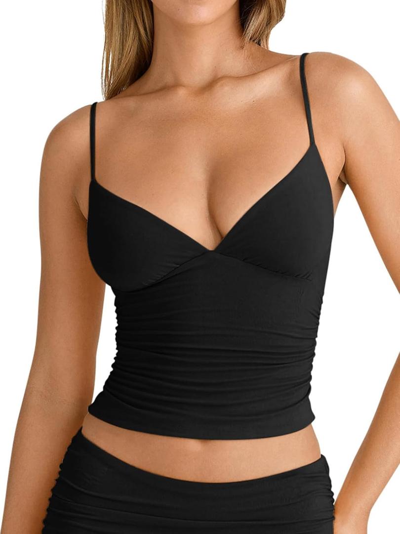 PINKMSTYLE Women's Sexy V Neck Ruched Cami Top Sleeveless Spaghetti Double Layer Fitted Crop Tank Tops (Black, L)