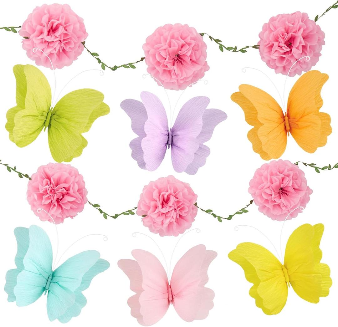 OBBOLO 3D Hanging Butterfly Decorations, Colorful Butterfly Birthday Party Decorations with Tissue Pompom Garland, 6 Pcs Paper Hanging Decorations for Girls, Women, Flower Garden Party Dcor
