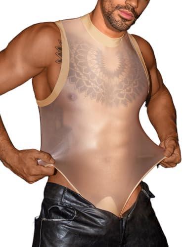 EHSUYAB Sexy Glossy Mens Lingerie Sheer, Snap Crotch Thong Leotard High Cut Muscle Suit, Mesh Rave Bodysuit Top Club Outfits, One Size 