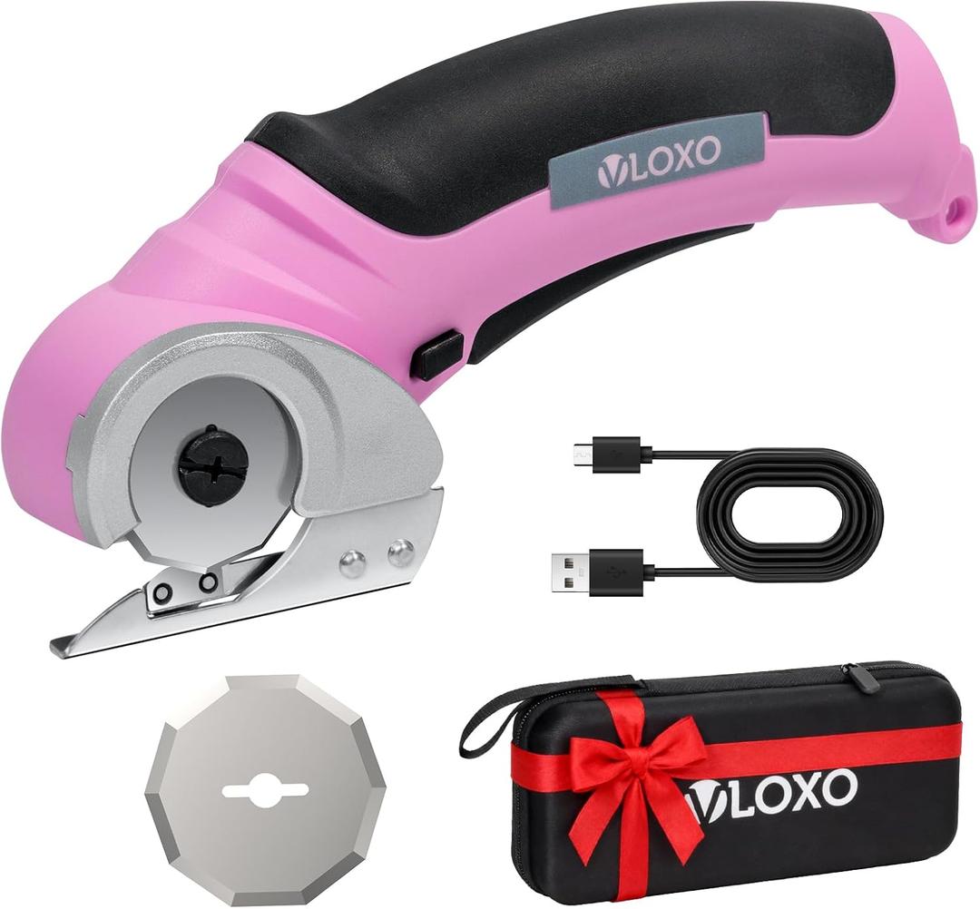 VLOXO Cordless Electric Scissors, Cardboard Cutter with Safety Lock 4.2V Electric Mini Cutter Power Rotary Scissors for Leather Felt Rug Box with Storage Box Pink