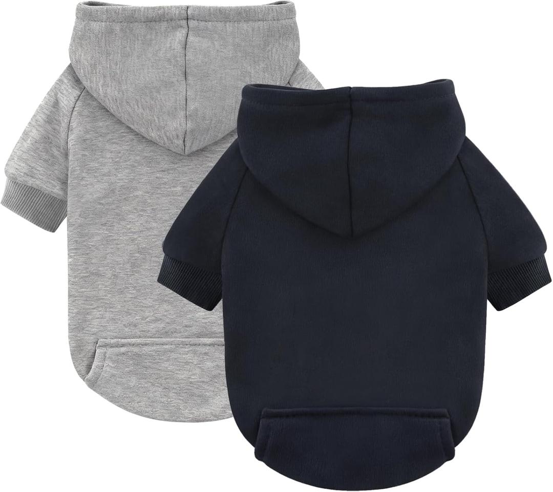 Idepet Pet Dog Hoodies 2 Pack with Pocket, Dog Outfits for Small Pets Chihuahua Clothes Warm Coat Jacket Autumn Puppy Sweatshirt Cats Clothing (Medium, Black+Grey)
