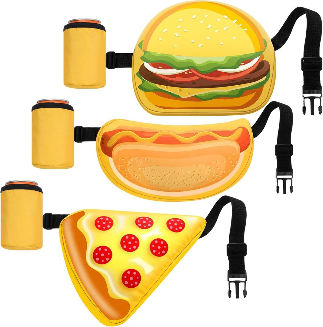 Hillban 3 Pcs Fanny Packs with Drink Holder Adjustable Belt Taco Waist Pack Storage Zipper Pocket for Adult Walking Travel(Pizza, Hamburger, Hot Dog)