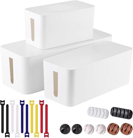 3 Pack Cable Management Box with 18 PCS Cable Management Set  Large & Medium & Small Cable Organizer Box to Hide Wires & Power Strips | TV Cord Organizer Box | for Home & Office, White