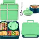 Bento Lunch Box for Kids with 8oz Soup Thermo,Kids Leakproof Lunch Food Containers with 4 Compartment,Kid Insulated Thermo Hot Food Jar for School,Trvael-Green