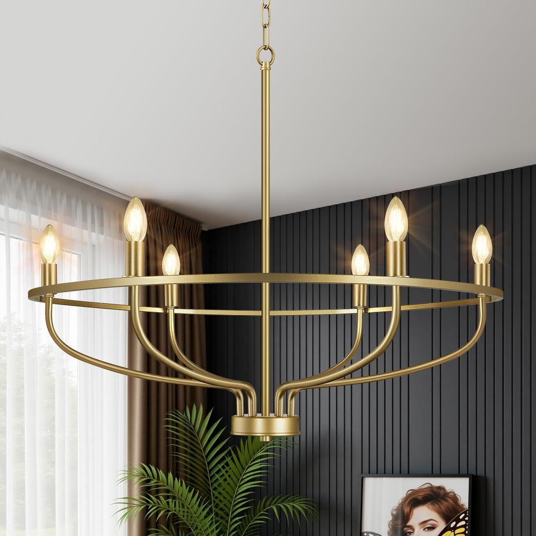 30" Gold Chandelier, 6-Light Modern Farmhouse Chandelier for Dining Room Lighting Fixtures Hanging, Candle Chandelier Light for Living Room, Kitchen Island, Bedroom and Entryway (Bulbs Not Included)