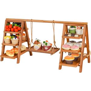Cupcake Stand, 3 Tier Wood Cupcake Display Stand with Swing, Dessert Table Display Set with Serving Tray for Dessert Display for Party, Wedding, Farmhouse Decor (Brown)