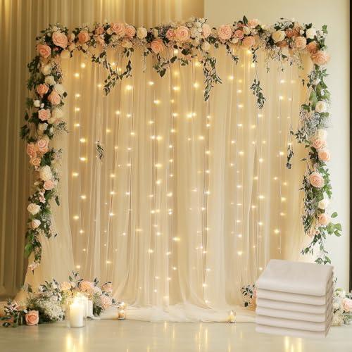 Xiomot Tulle Backdrop Curtain with Lights String 30 X 8FT Champagne Sheer Tulle Backdrop Curtains for Wedding Birthday Party Reception Photo Booth Background Decorations (6 Panels 5x8FT)
