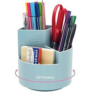 Siveit Desk Pencil Pen Holder, Desk Organizers 3 Slots 360-Degree Rotating Pen Holder for Desktop Storage Stationery Supplies Organizer, Home, Office, School, Kids, Blue