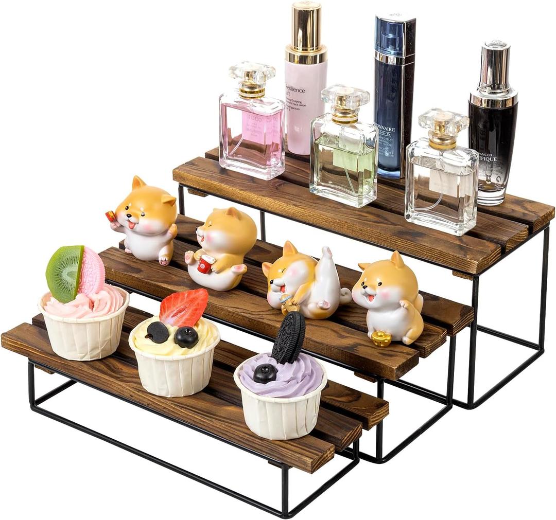MyGift Wood Display Riser Stand, 3-Tier Rustic Tabletop Display Shelf for Retail, Vendor, Countertop Perfume Organizer, Cupcake Stand, Kitchen Spice Rack