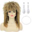80s Women Rock Diva Costume Wig with Necklace and Earring for Women Big Hair Blonde 70s 80s Rocker Mullet Wigs Glam Punk Rock Rockstar Cosplay Wig for Halloween Party (Blonde)