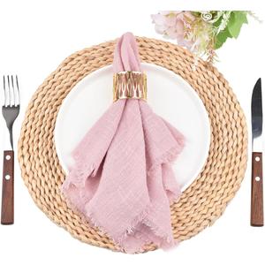 3 x Fall Thanksgiving Rustic Cloth Napkins 16.5x16.5 Inches Handmade Cotton Linen Napkins with Fringe Boho Washable Dinner Napkins in Bulk for Wedding Party Table Decor Set of 4 Dusty Rose