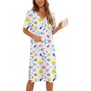 YYA Loose Nightgowns for Women Short Sleeve Sleepwear V Neck Nightshirt with Pockets Soft Pajama Dress S-3XL (White, M)