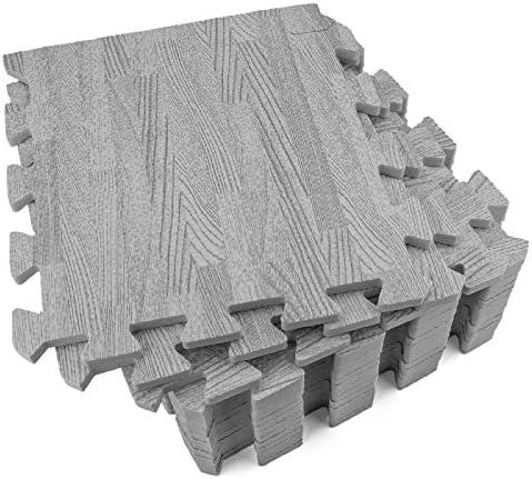 Tebery 8 Pieces Printed Wood Grain Interlocking Floor Tiles 3/8-Inch Thick EVA Foam Grey Puzzle Floor Mat