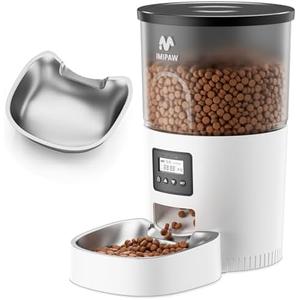 IMIPAW Automatic Cat Feeder, 3L Timed Pet Dry Food Dispenser with Clog-Free Design, Programmable, Dual Power Supply, Desiccant Bags, Auto Feeder for Cats, 1-6 Meals Per Day, with Stainless Steel