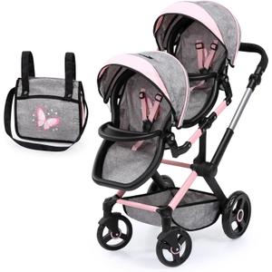 Bayer: Xeo Twin Pram - Butterfly Grey & Pink - Matching Handbag, Adjustable Handle, for Dolls Up to 20"