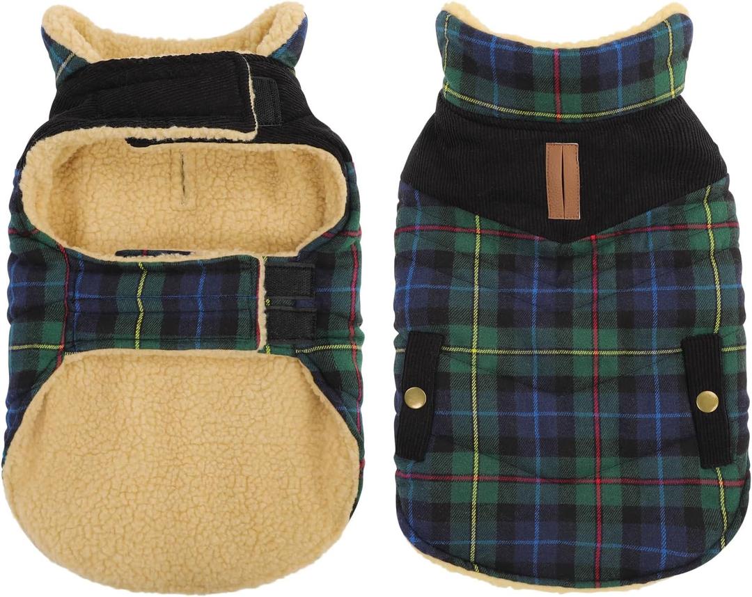 Queenmore Dog Winter Coat Warm Dog Jacket for Cold Weather, Quilting Puffer Plaid Coats for Small Dogs Waterproof,Girl/Boy Pet Christmas Coat,Pet Snowsuit with Leash Hole/Fleece Padding, XS