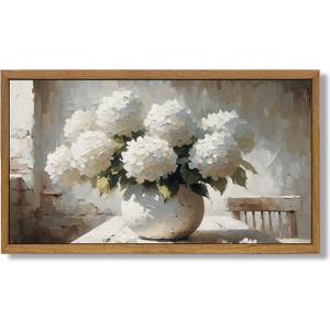 Aroutde White Hydrange Framed Canvas Wall Art, Hydrangea Floral Wall Decor for Bedroom Vintage Hydrangea Flower still life Paintings Botanical Wall Art for Living Room Bedroom 18''x10'' (17.5L" x 7.1W")
