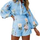 Molilove Womens 2 Piece Outfit Hawaiian Long Sleeve Button Down Shirt Shorts Tracksuit Lounge Set Shorts Set (Small, Blue)