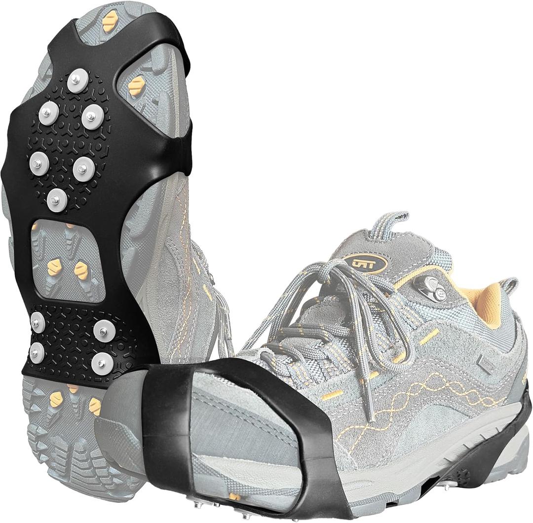 ice Snow Grips: 10 Nail Spikes, Stretchable Snow Grips for Men Women. Ideal for Winter Activities Like Walking, Running, Hiking, Mountaineering, Ice Fishing, or Dog-Walking (M:5-7 W:3-5)