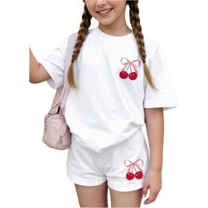 RoseSeek Girl's 2 Piece Summer Outfits Short Sleeve Camo T Shirt and Mini Shorts Clothing Set Tracksuit (White)