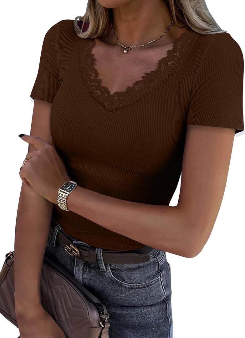 Womens Lace V Neck Tops Short Sleeve Ribbed Knit Top Summer Slim Fit Casual T Shirts Blouse (Brown, L)